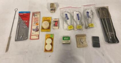 Gun Cleaning Lot: Otters 30 Cal Rod, Husky Blowgun, 3 Cable Locks, CCI Primers, Patches