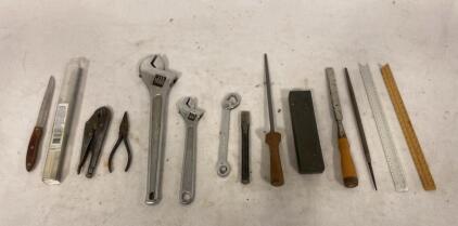 Assorted Hand Tool Lot: Adjustable Wrenches, Pliers, Files, Rulers, Sharpening Stone, Screwdriver