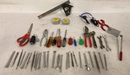 Large Mixed Hand Tool Lot &ndash; Stanley Tape Measures, Specialty Carving Tools, Screwdrivers, Wrenches