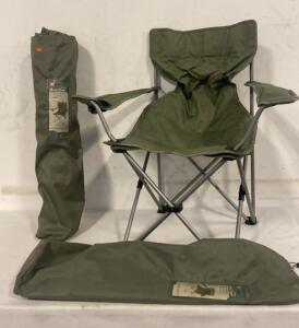 (2) Ozark Trail Folding Arm Chair, Green, Steel Frame, 225 lb Capacity, Cup Holder, Carry Bag
