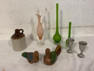 Vintage Decorative Collectibles Lot: Art Glass Vases, Stoneware Jug, Wood Birds, Metal Goblets