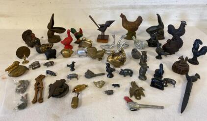 40pc Vintage Metal Animal Figurine Lot &ndash; Birds, Pigs, Roosters, Nutcracker, Letter Opener