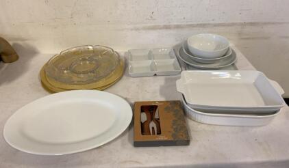 Mixed Ceramic Serving Set, Tommy Bahama Cheese Tools, Platters, Bowls, Glass Tray, 13+ Pieces
