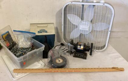 Box Fan, Igloo Little Playmate Cooler, Bench Grinder, Hardware Lot &ndash; Tools & Accessories Bundle - All Power On