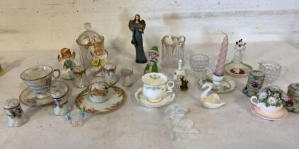 Assorted Vintage Porcelain & Glass Collectibles: Figurines, Cups, Shakers, Candleholder, 1950s-70s