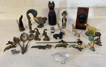 Lot Of 20 Vintage Cast Iron & Mixed-Media Figurines, BLK SMITH Skull Bottle Opener, Cat Bank
