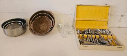 Vintage Kitchenware Set: Ornate Flatware Service for 8+, Stainless Bowls, Wooden Bowls, Glasses