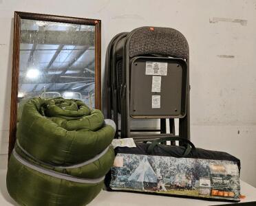7-Person Teepee Tent, 4 Padded Folding Chairs, Sleeping Bag & Large Framed Mirror, Bundle Lot