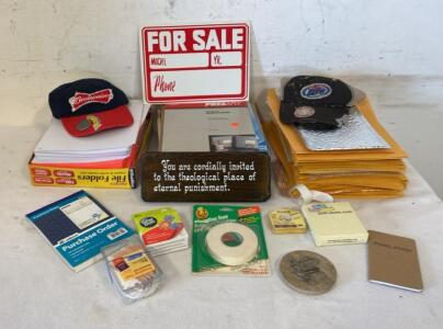 Office Supplies Lot W/ Budweiser & Miller Lite Bottle Opener Hats, Folders, Pads, Mailers, Tapes