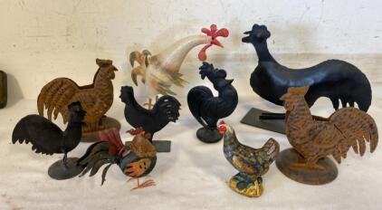 Vintage Metal Rooster & Chicken Figurines Set &ndash; 8 Folk Art Sculptures, Assorted Painted Styles