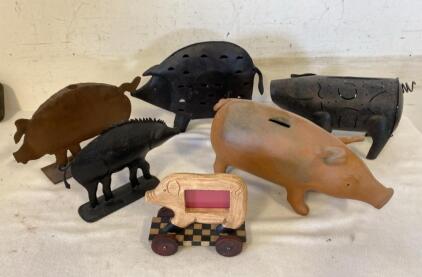 Set Of 6 Folk Art Pig Figurines &ndash; Mixed Metal, Wood & Ceramic Banks, Primitive & Photo Holder