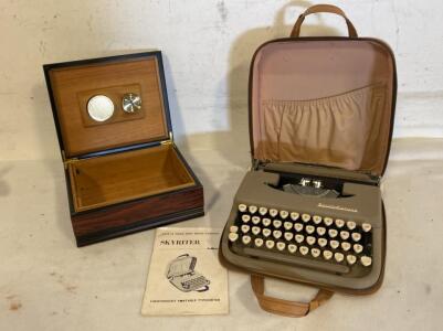 Smith-Corona Skyriter Portable Typewriter W/ Case & Manual, Thompson Cigar Humidor Box