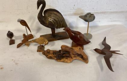 Assorted Hand-Carved Wooden Bird Sculpture Collection &ndash; Set Of 8, Folk Art Styles, Mixed Woods
