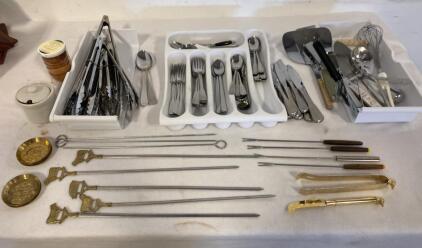 Large Assorted Stainless & Brass Kitchen Utensil Flatware Lot &ndash; Skewers, Tongs, Trays, 55+ Pieces