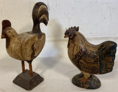 Hand-Carved Wooden Rooster & Chicken Figurine Pair, Folk Art, 19" Tall, Painted Wood