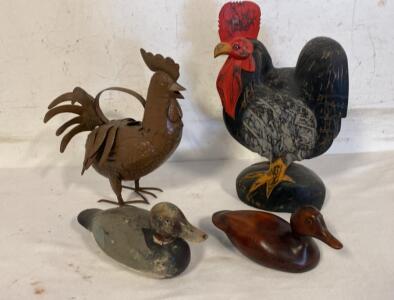 Vintage Hand-Carved Duck Decoy & Rooster Sculpture Set &ndash; Wood & Metal Folk Art Birds, Qty 4 - Rooster 19&rdquo; Tall