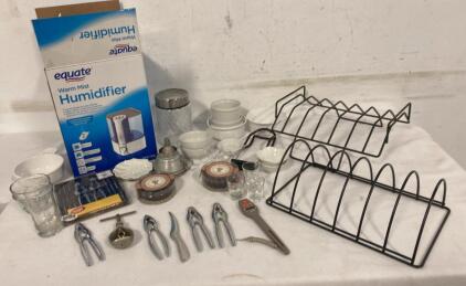 Equate Warm Mist Humidifier Powers On , Wire Rack Organizers, Mixed Kitchenware & Glassware Lot
