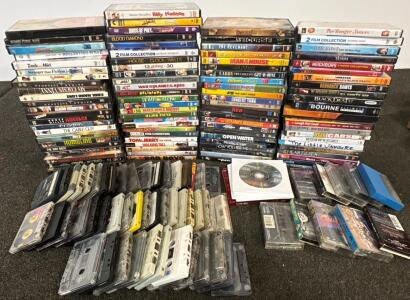 Large Mixed Media Lot: 70+ DVDs, Blu-ray, 50+ Cassette Tapes, Blank Discs&mdash;Harry Potter, The Bourne Identity & More