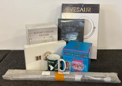 Bulk Home And Craft Lot: VESAUR LED Mirror, Rotary Cheese Grater, Little Timbers DIY Book Nook, Fairy Kit, Screen Protector, Mug & Tenkidom Front Struts Hood Kit,