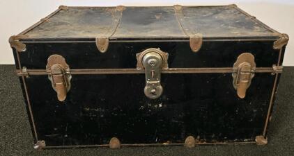 Vintage Dome-Top Steamer Trunk Black Metal With Leather Handles And Triple Latches 30" x 15" x 16"