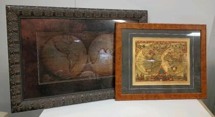 (2) Old Style World Maps Wall Hangings, 1-43" x 30", 1-32" x 26"