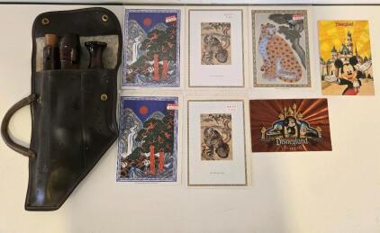 Vintage 3-Piece Wooden Soprano Recorder W/ Leather Case & Vintage Korean / Disney Postcards