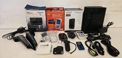 Mixed Electronics Lot &ndash; NETGEAR Cable Modem, SiriusXM Radio, Remote Control Thermometers, Chargers & Accessories