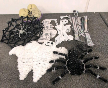 Assorted Halloween Tinsel Ghosts Skeletons Spiders Webs & Skull Decorations 8 Pc Lot