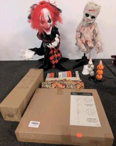 Halloween Decor Lot: Animatronic Clown & Mummy Props, Garden Stakes, Lights, Quilt, 8 Pieces