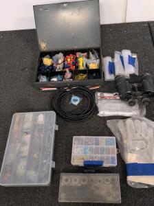 Large Mixed Lot Electrical Connectors, Fasteners, Hand Tools, Binoculars, Organizers, Gloves
