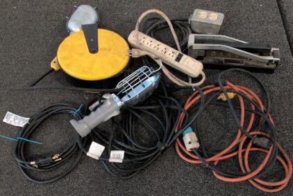 Mixed Lot: Coleman Worksite Lights, Heavy-Duty Cord Reel, Extension Cords & Power Strip, 25ft+