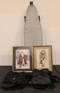 Set Of 2 Framed Prints (Santa & Hopi Kachina), 2 Black Duffel Bags, Standard Ironing Board