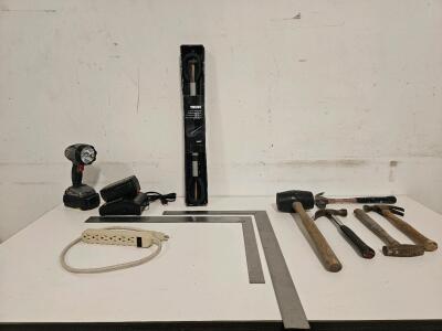 Porter-Cable Cordless Hand-Held Light (Working With Two Batteries), Thule 982XT Adapter, Hammers, Squares, Power Strip (Working)
