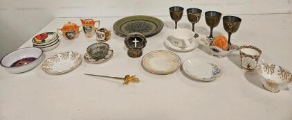 Mixed Vintage Porcelain, Gilded Tableware, Decorative Metal Goblets, Tea Set & Collectibles