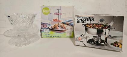 Food Network 3-Tier Serving Stand, Commercial 5 Qt Chafing Dish, Glass Pedestal & Bowl