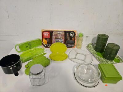 Green Kitchenware Set W/ Lodge Grill Press, Plates, Knife, Mandoline, Casserole, Containers