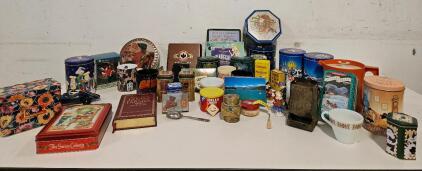 Vintage Collectible Holiday & Brand Tins, Fire-King Mug, Disney Pinocchio Record