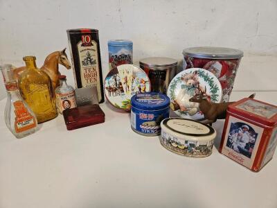 Vintage Lot: Advertising Tins, Whiskey & Cordial Bottles, Breyer Horse, Coca-Cola, King Leo, Mrs. Stewart