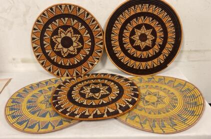 Handwoven African Wall Basket Plates, Set Of (6), 24&rdquo; And 23&rdquo;Sisal & Sweetgrass, Geometric Patterns