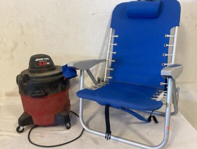 Shop-Vac 2.0 HP Wet/Dry Vacuum 5 Gallon ( Powers On ) & Folding Aluminum Beach Chair With Headrest