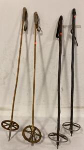 Vintage 1930s&ndash;50s Wooden Ski Poles with Large Baskets, Mixed Wood & Metal Construction, Set of 4