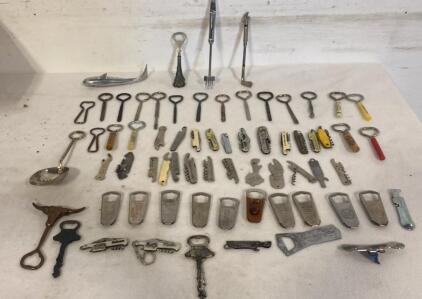 Large Vintage Bottle Opener & Corkscrew Collection, 56 Pcs, Novelty & Advertising Styles Metal