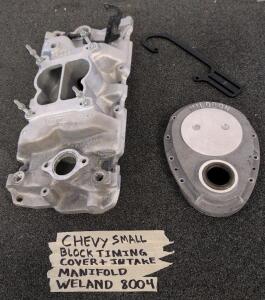 Weland 8004 Chevy Small Block Aluminum Intake Manifold & Milodon Timing Cover Set, 1955-86 SBC