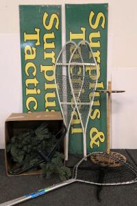 Pair Of Surplus & Tactical Metal Store Signs, Aluminum Snowshoes, Diamond Lake Fishing Nets