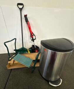 Assorted Craftsman String Trimmer, Suncast Shovel, Simplehuman Trash Can, Kneeler, Propane Kit