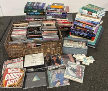 Mixed Lot: 35+ Books, 65+ CDs, 4 DVDs, Double-12 Dominoes Set, Electronics, Storage Basket