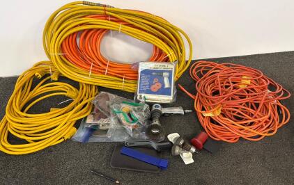 Heavy-Duty Extension Cords 100ft, Air Hoses, Air Drill/Sander W/ Accessories Lot