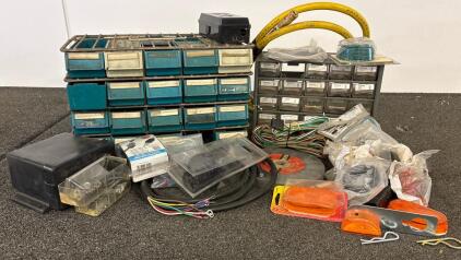 Shop Hardware & Electrical Parts Lot: Drawer Organizers, Grinding Wheel, Cables, Reflectors, And More!
