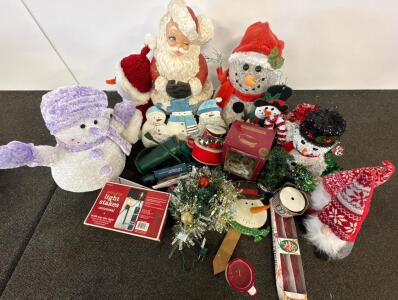 Large Christmas D&eacute;cor Lot: Santa Blow Mold, Plush & Resin Snowmen, Lighted Garland, And Accessories