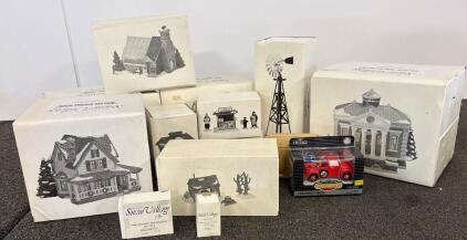 (13) Department 56 Snow Village Boulder Springs House 54873, Library, Windmill, Holiday Building Lot